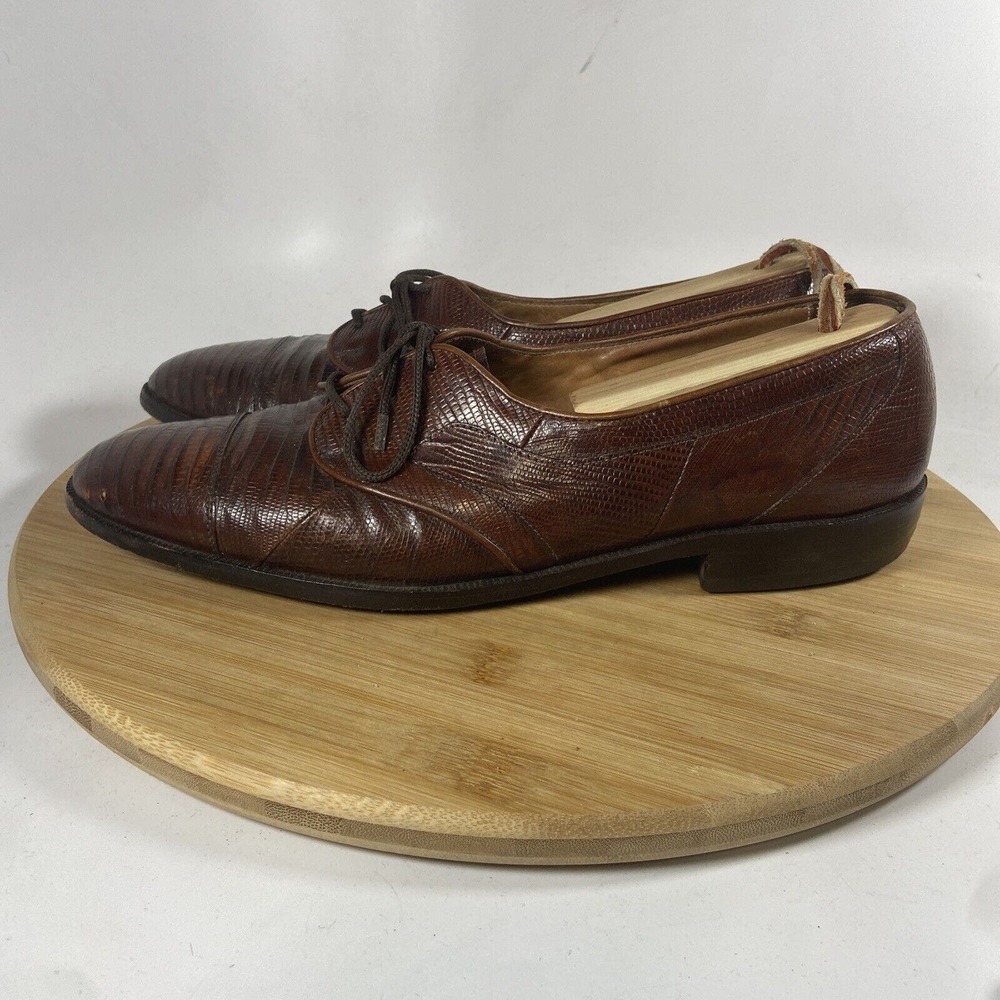 M Stuart Lizard Dress Shoes Vintage Loafers Lace Up Brown Size 8.5